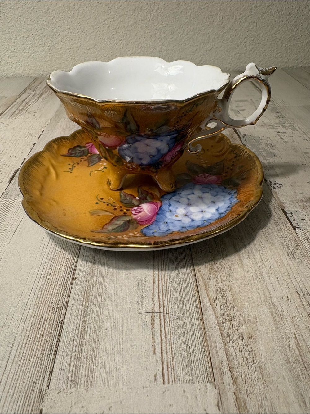 Decorative Golden Yellow Floral Teacup and Saucer - Brand Unspecified